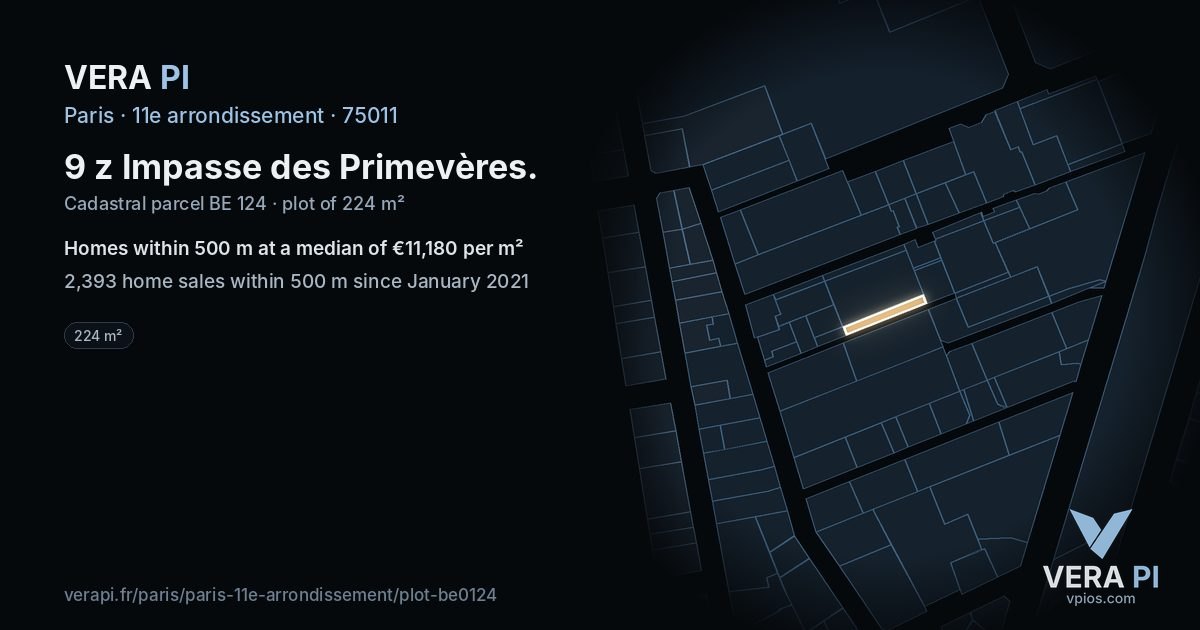 9 z Impasse des Primevères, 11e arrondissement at night – the plot lit, the parcels around coloured by the prices near them
