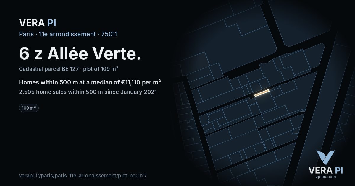 6 z Allée Verte, 11e arrondissement at night – the plot lit, the parcels around coloured by the prices near them
