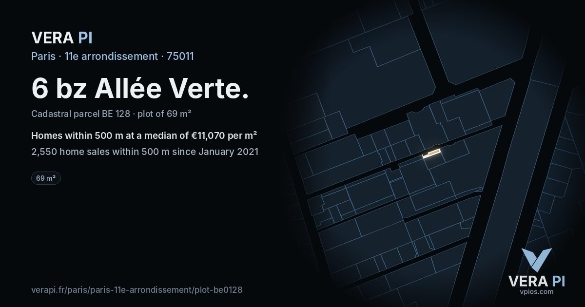 6 bz Allée Verte, 11e arrondissement at night – the plot lit, the parcels around coloured by the prices near them