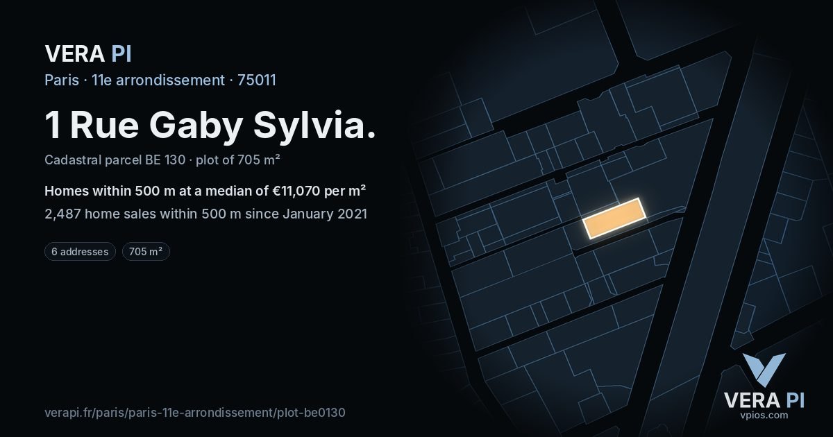1 Rue Gaby Sylvia, 11e arrondissement at night – the plot lit, the parcels around coloured by the prices near them
