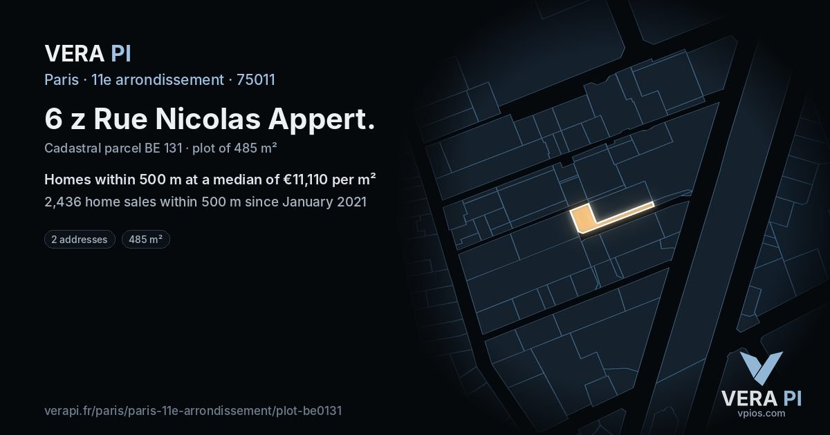 6 z Rue Nicolas Appert, 11e arrondissement at night – the plot lit, the parcels around coloured by the prices near them