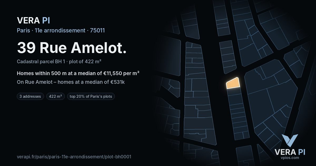 39 Rue Amelot, 11e arrondissement at night – the plot lit, the parcels around coloured by the prices near them