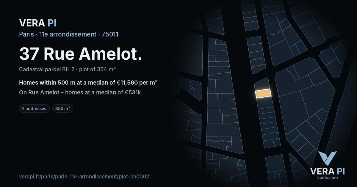 37 Rue Amelot, 11e arrondissement at night – the plot lit, the parcels around coloured by the prices near them