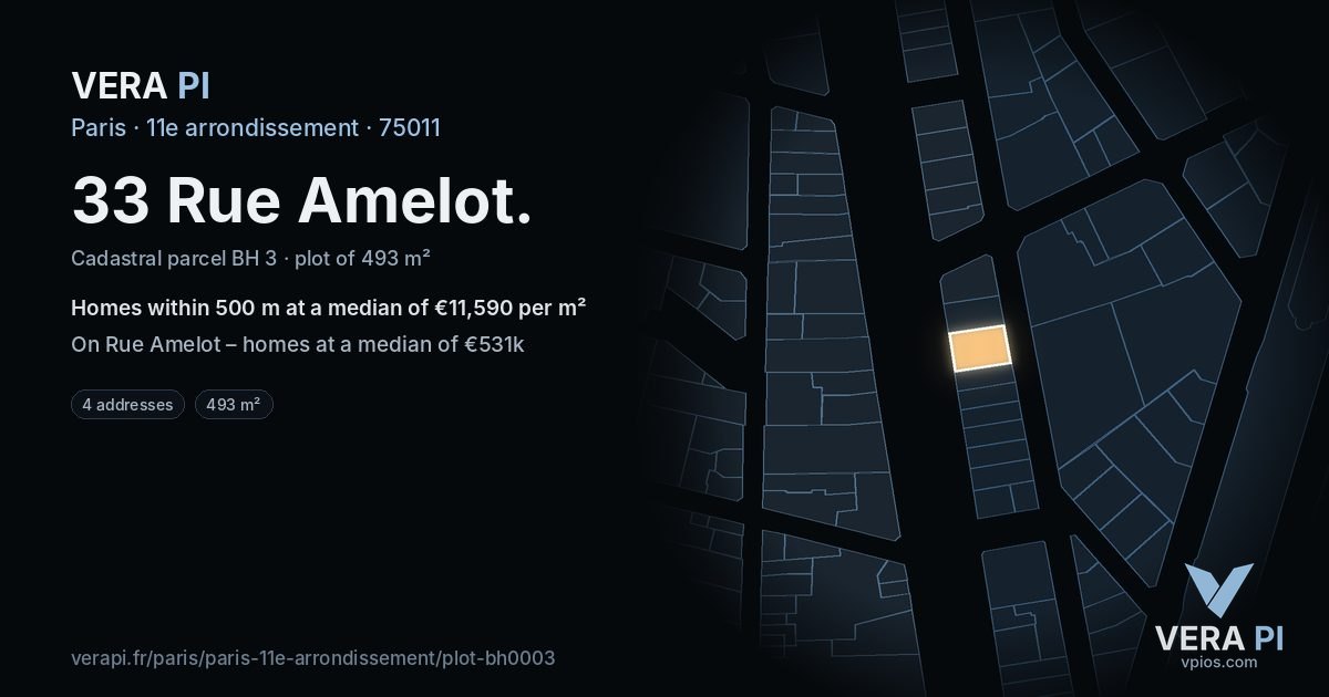 33 Rue Amelot, 11e arrondissement at night – the plot lit, the parcels around coloured by the prices near them