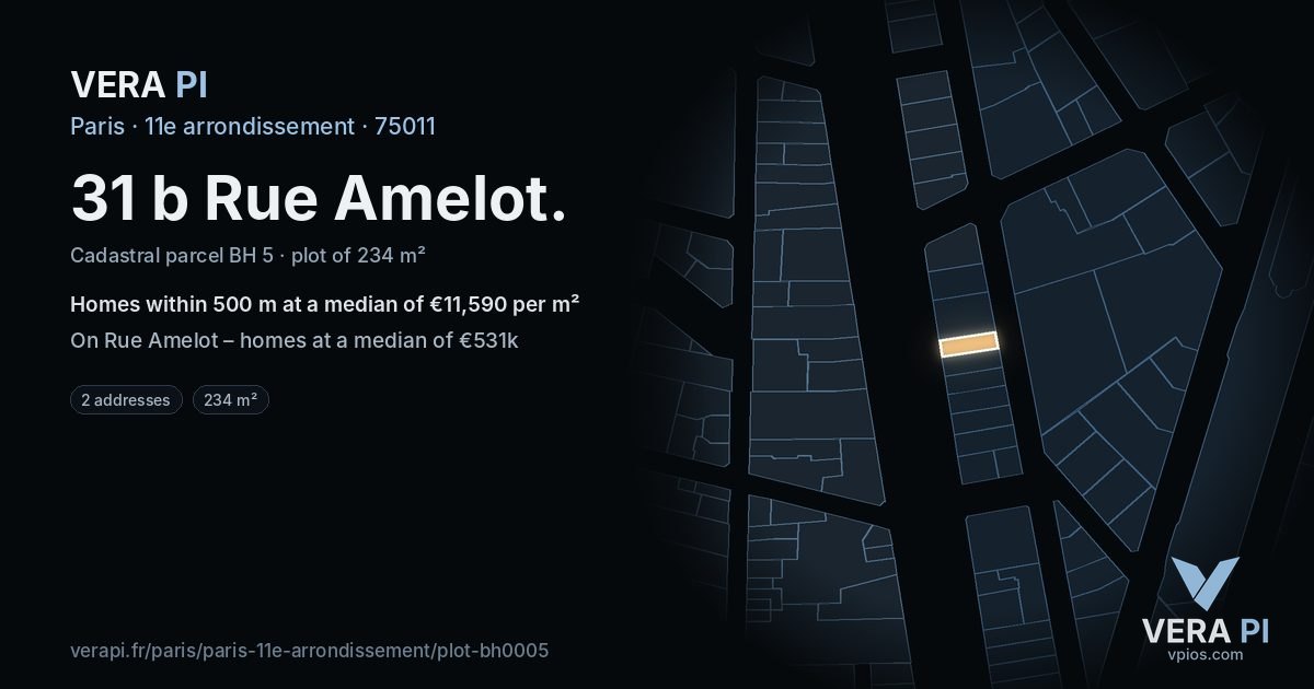 31 b Rue Amelot, 11e arrondissement at night – the plot lit, the parcels around coloured by the prices near them