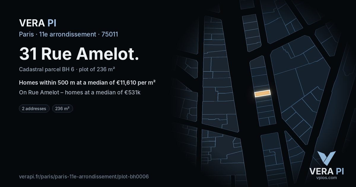 31 Rue Amelot, 11e arrondissement at night – the plot lit, the parcels around coloured by the prices near them