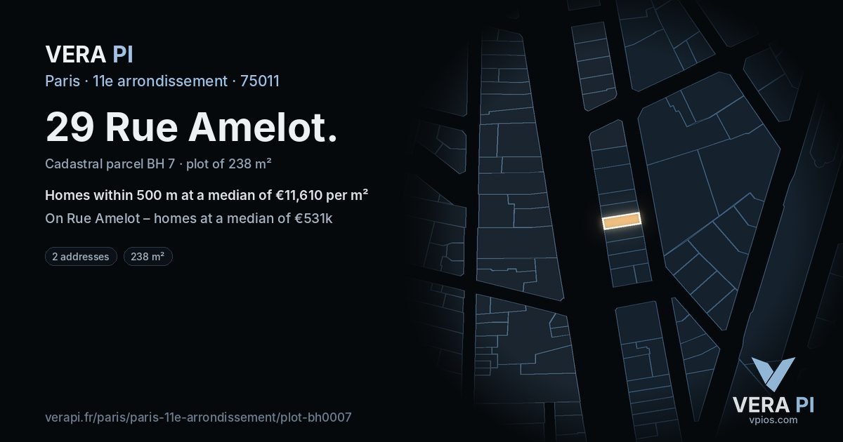29 Rue Amelot, 11e arrondissement at night – the plot lit, the parcels around coloured by the prices near them