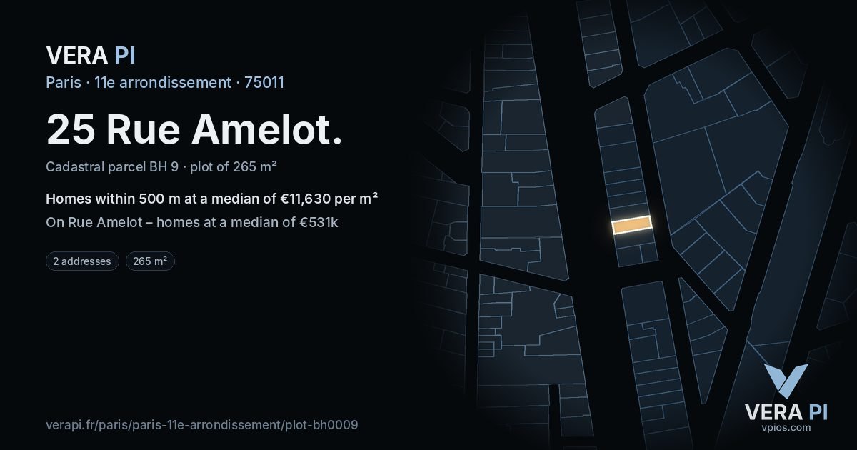 25 Rue Amelot, 11e arrondissement at night – the plot lit, the parcels around coloured by the prices near them