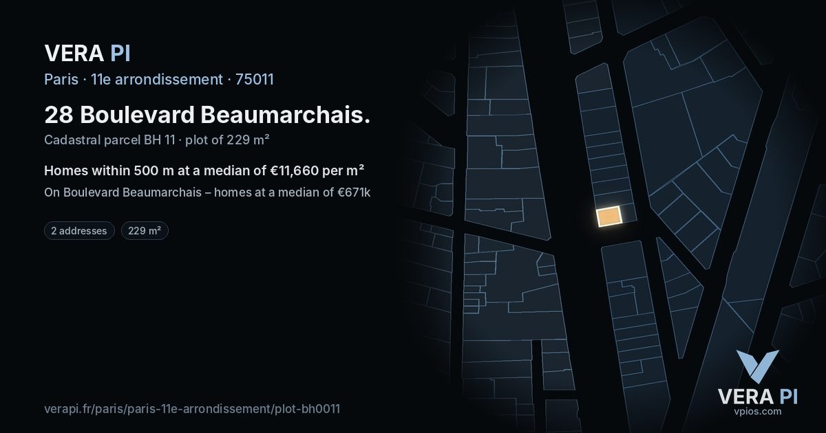 28 Boulevard Beaumarchais, 11e arrondissement at night – the plot lit, the parcels around coloured by the prices near them