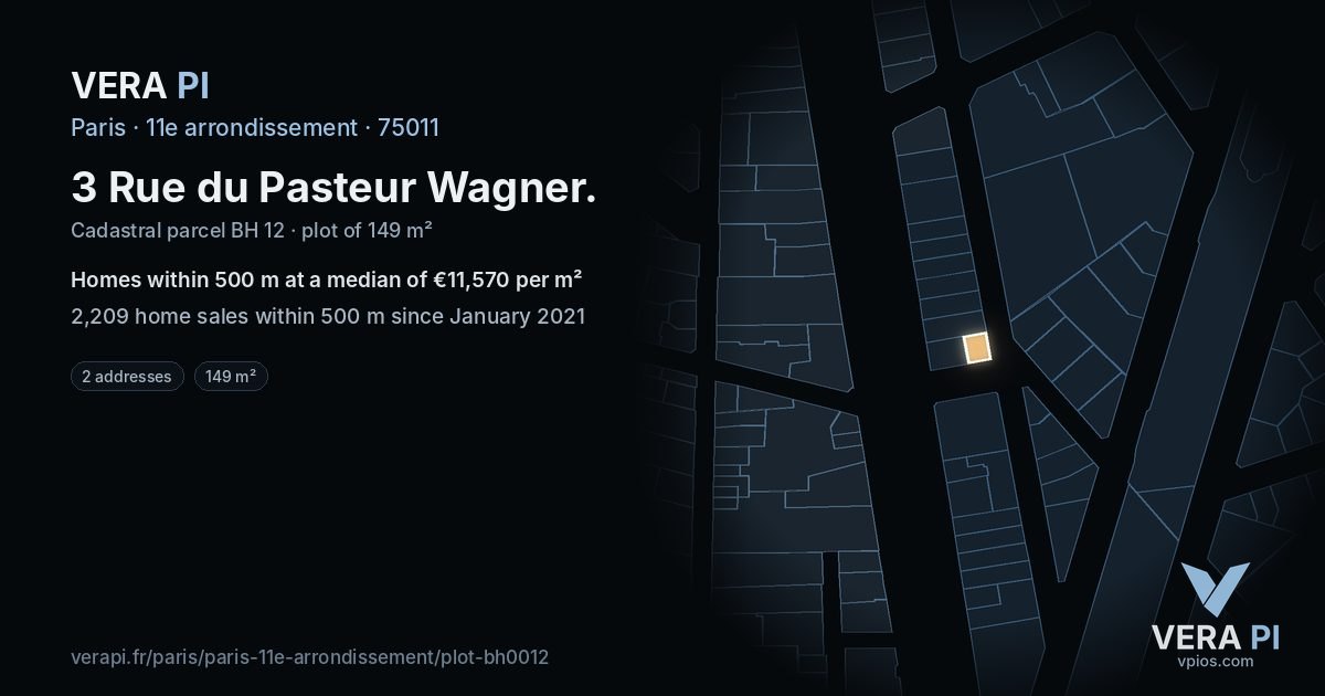 3 Rue du Pasteur Wagner, 11e arrondissement at night – the plot lit, the parcels around coloured by the prices near them