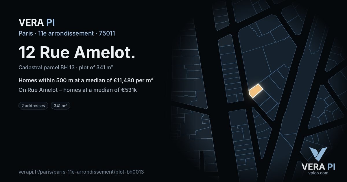 12 Rue Amelot, 11e arrondissement at night – the plot lit, the parcels around coloured by the prices near them