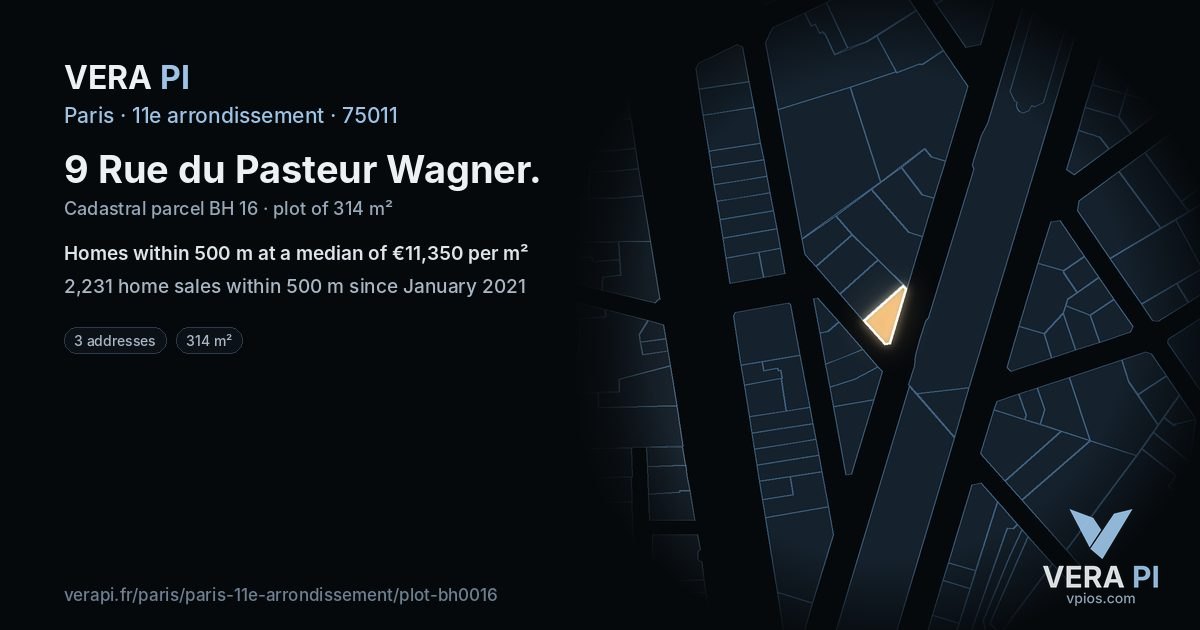9 Rue du Pasteur Wagner, 11e arrondissement at night – the plot lit, the parcels around coloured by the prices near them