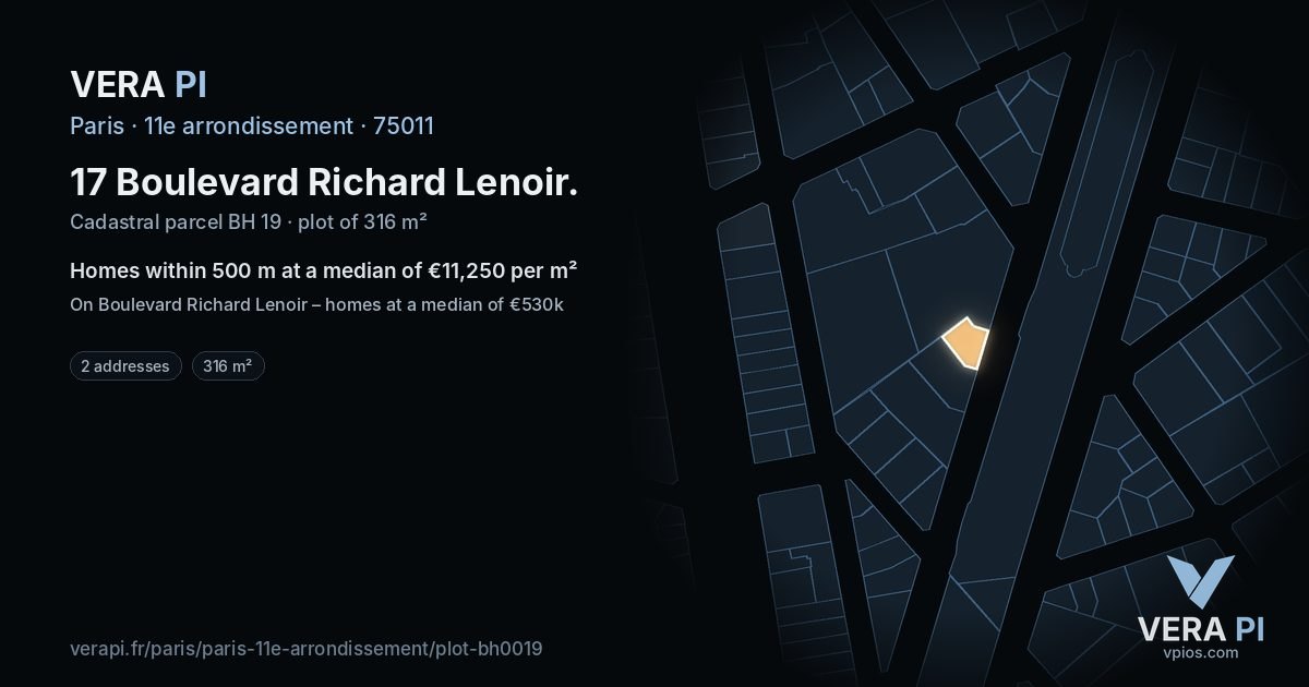 17 Boulevard Richard Lenoir, 11e arrondissement at night – the plot lit, the parcels around coloured by the prices near them