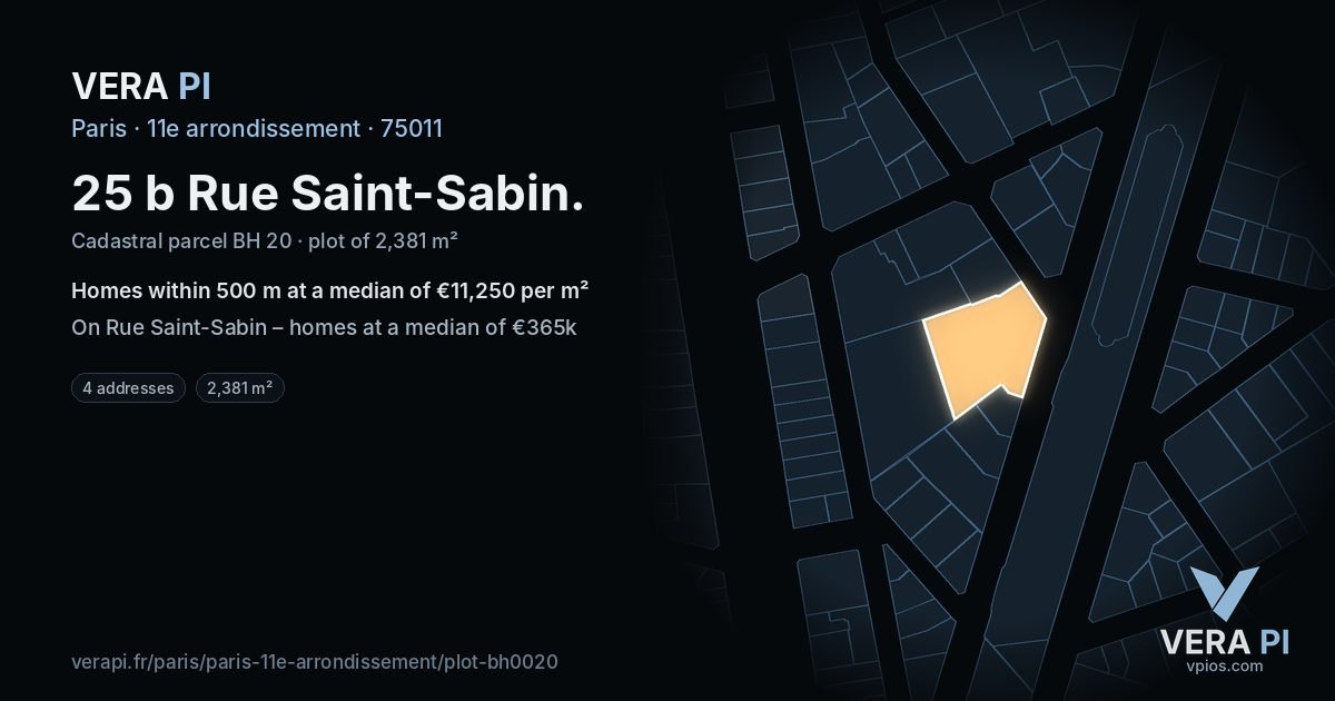 25 b Rue Saint-Sabin, 11e arrondissement at night – the plot lit, the parcels around coloured by the prices near them