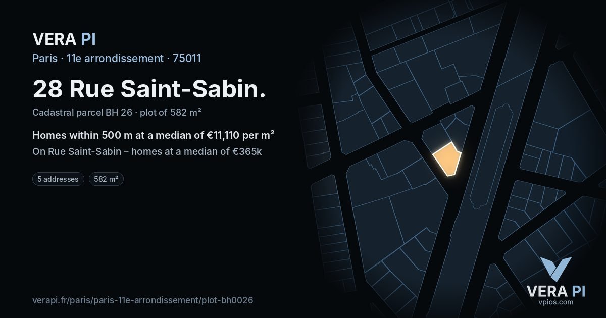 28 Rue Saint-Sabin, 11e arrondissement at night – the plot lit, the parcels around coloured by the prices near them