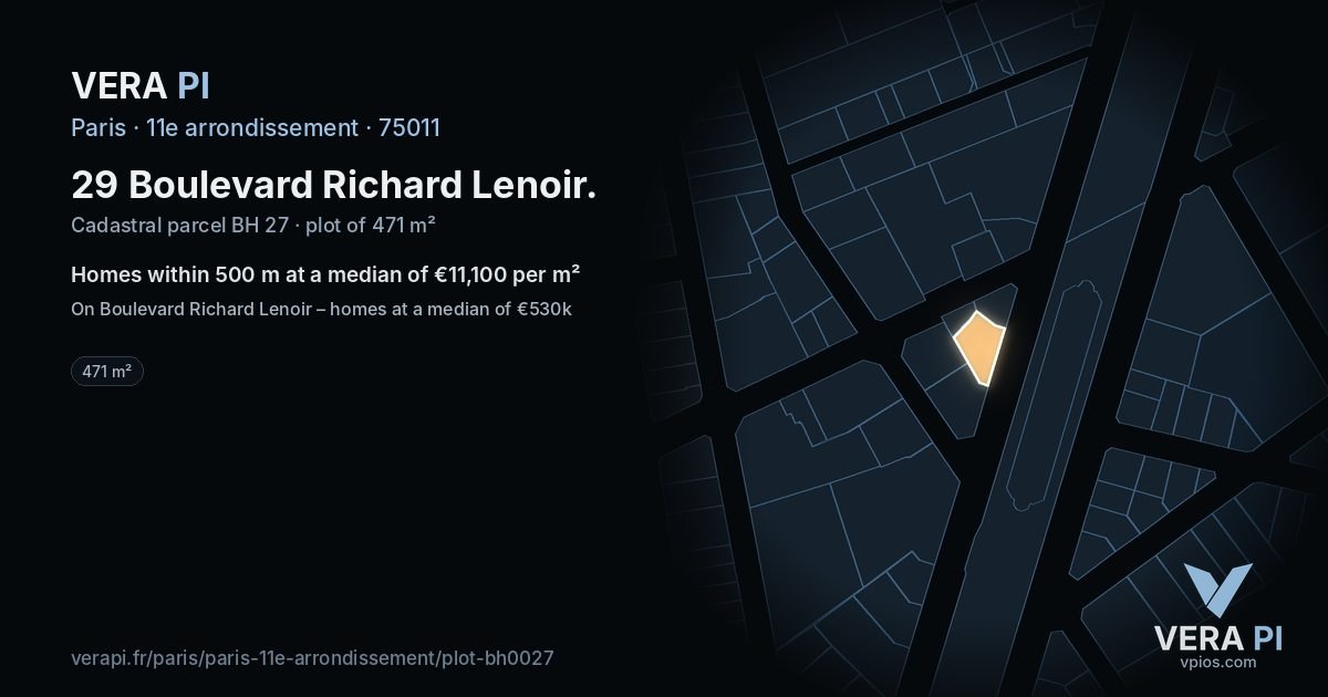 29 Boulevard Richard Lenoir, 11e arrondissement at night – the plot lit, the parcels around coloured by the prices near them