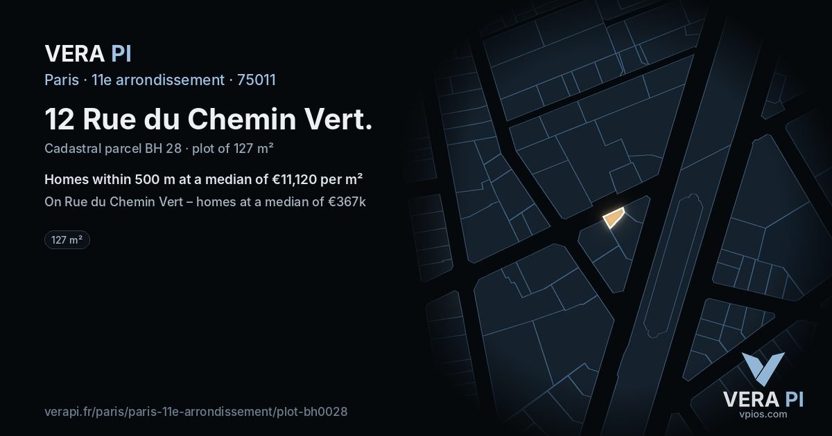 12 Rue du Chemin Vert, 11e arrondissement at night – the plot lit, the parcels around coloured by the prices near them