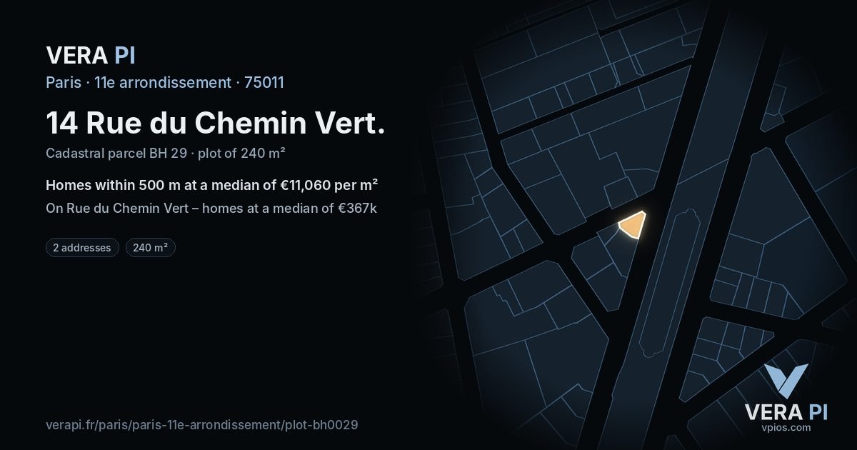 14 Rue du Chemin Vert, 11e arrondissement at night – the plot lit, the parcels around coloured by the prices near them