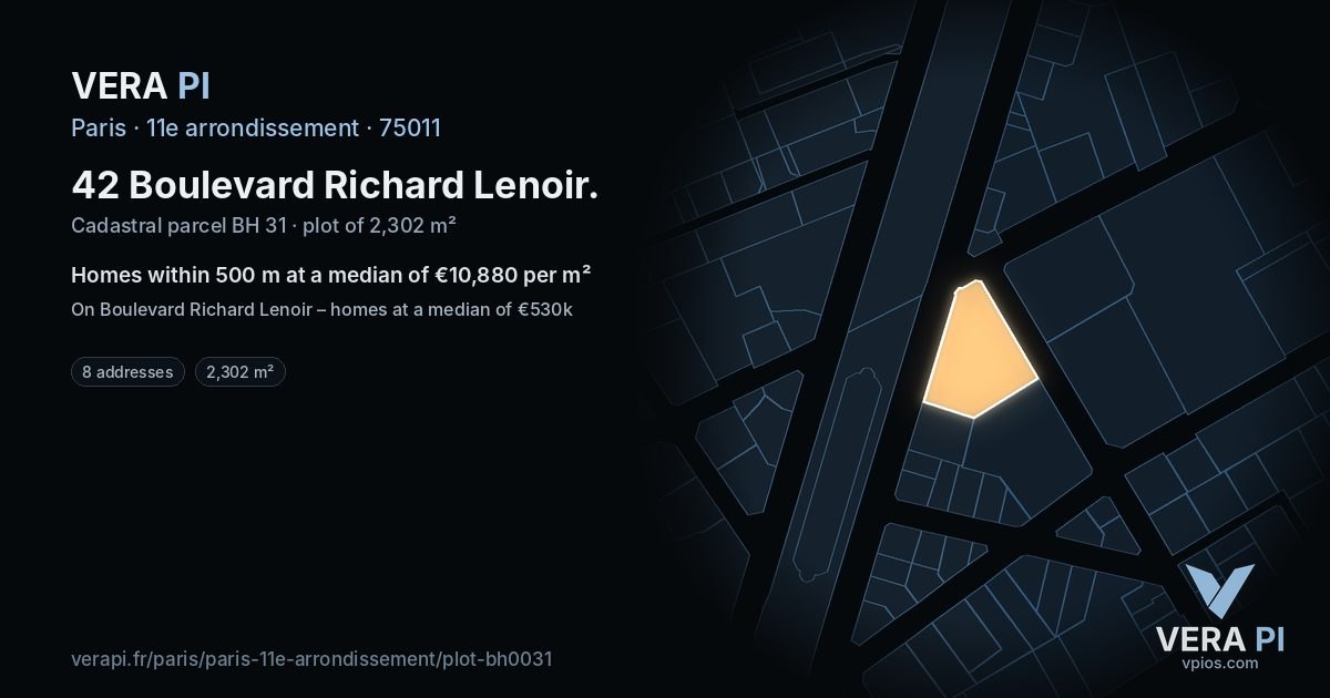 42 Boulevard Richard Lenoir, 11e arrondissement at night – the plot lit, the parcels around coloured by the prices near them