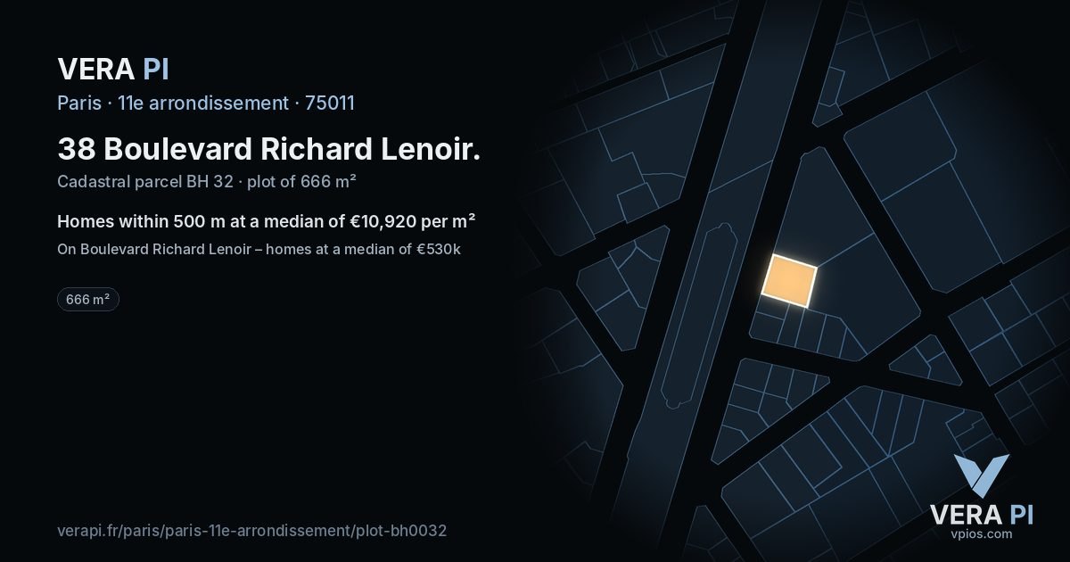 38 Boulevard Richard Lenoir, 11e arrondissement at night – the plot lit, the parcels around coloured by the prices near them