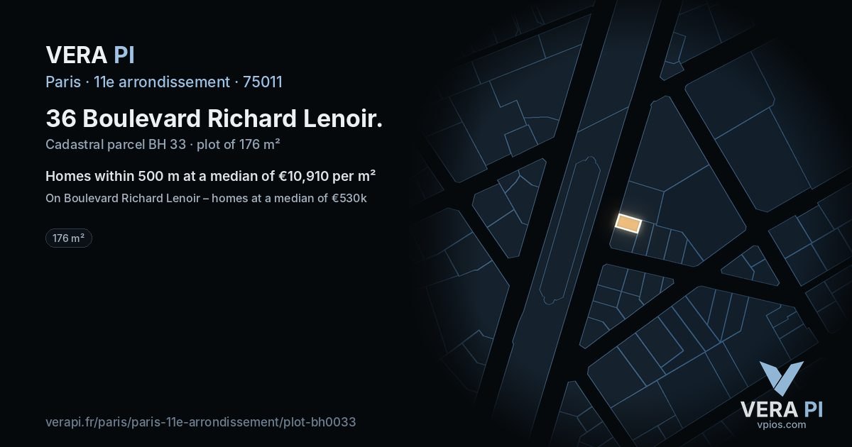 36 Boulevard Richard Lenoir, 11e arrondissement at night – the plot lit, the parcels around coloured by the prices near them