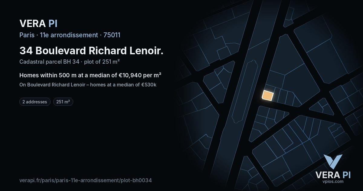 34 Boulevard Richard Lenoir, 11e arrondissement at night – the plot lit, the parcels around coloured by the prices near them