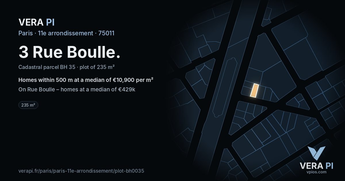 3 Rue Boulle, 11e arrondissement at night – the plot lit, the parcels around coloured by the prices near them