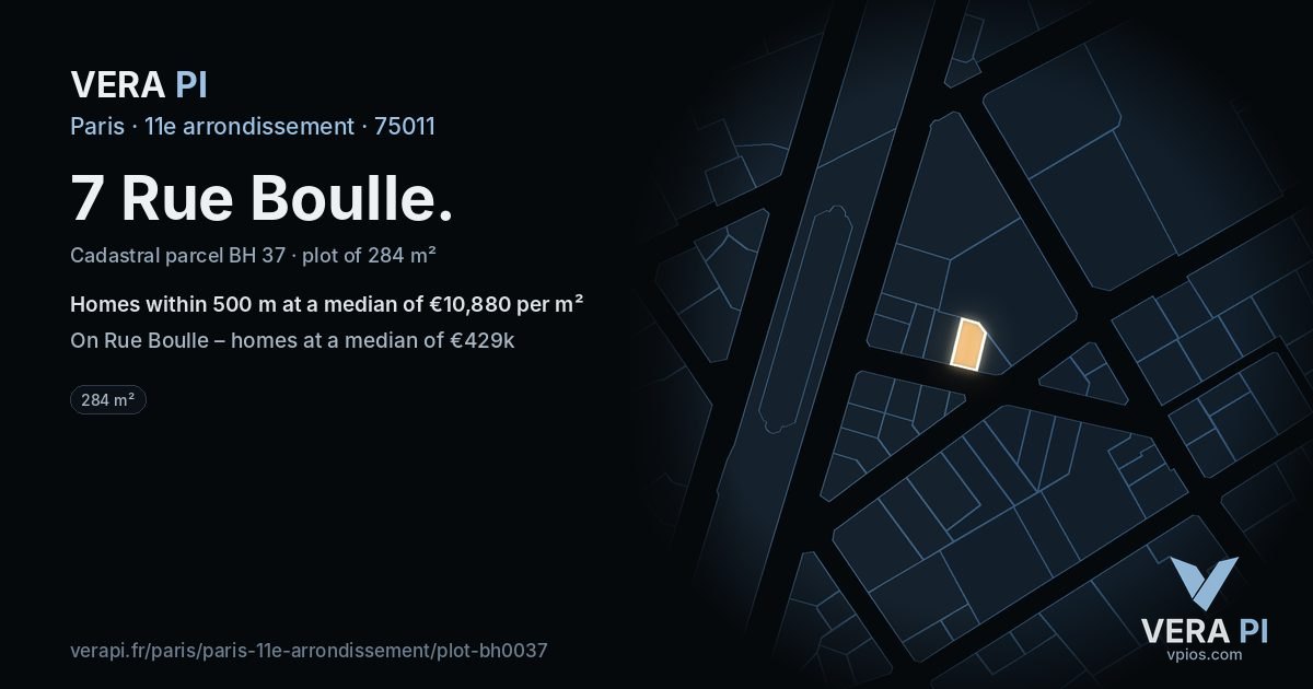 7 Rue Boulle, 11e arrondissement at night – the plot lit, the parcels around coloured by the prices near them