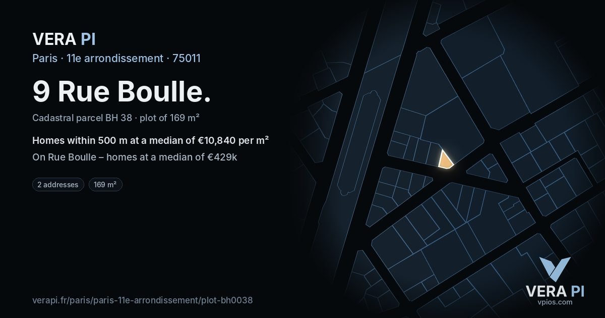 9 Rue Boulle, 11e arrondissement at night – the plot lit, the parcels around coloured by the prices near them