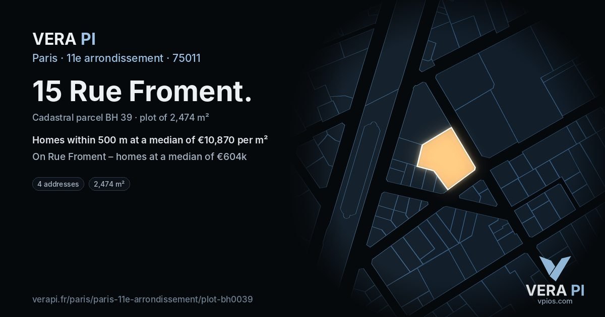 15 Rue Froment, 11e arrondissement at night – the plot lit, the parcels around coloured by the prices near them