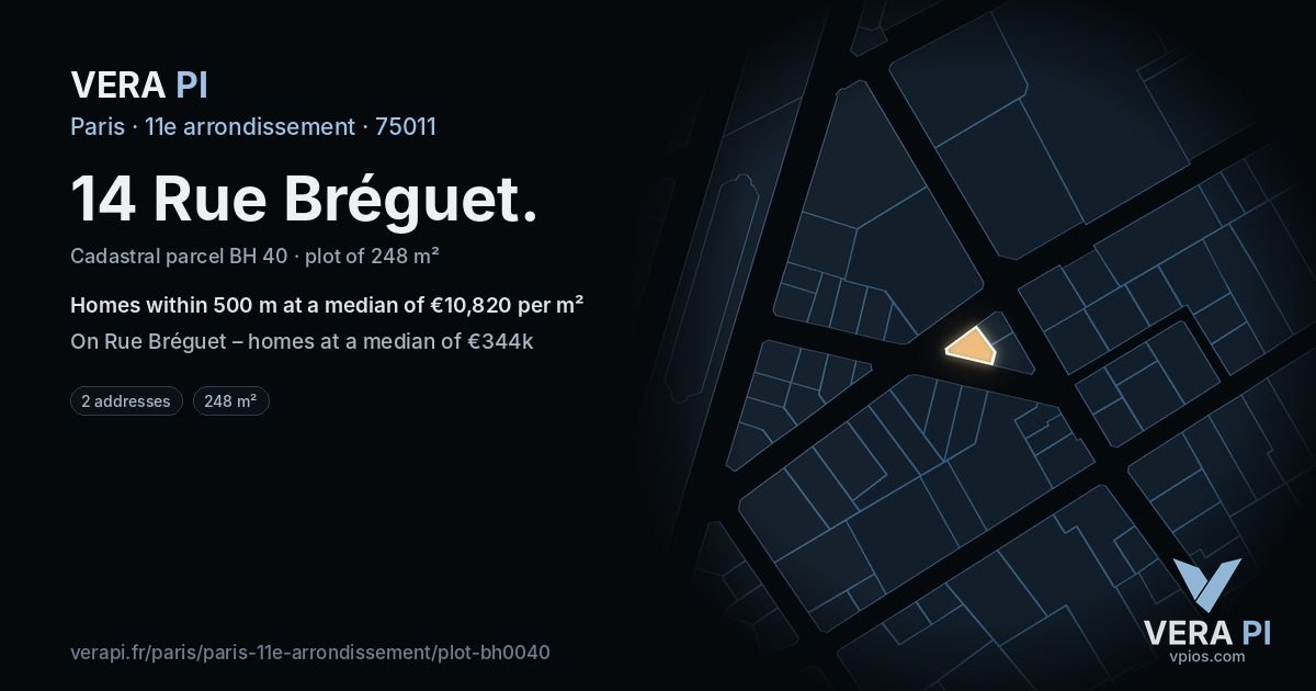 14 Rue Bréguet, 11e arrondissement at night – the plot lit, the parcels around coloured by the prices near them
