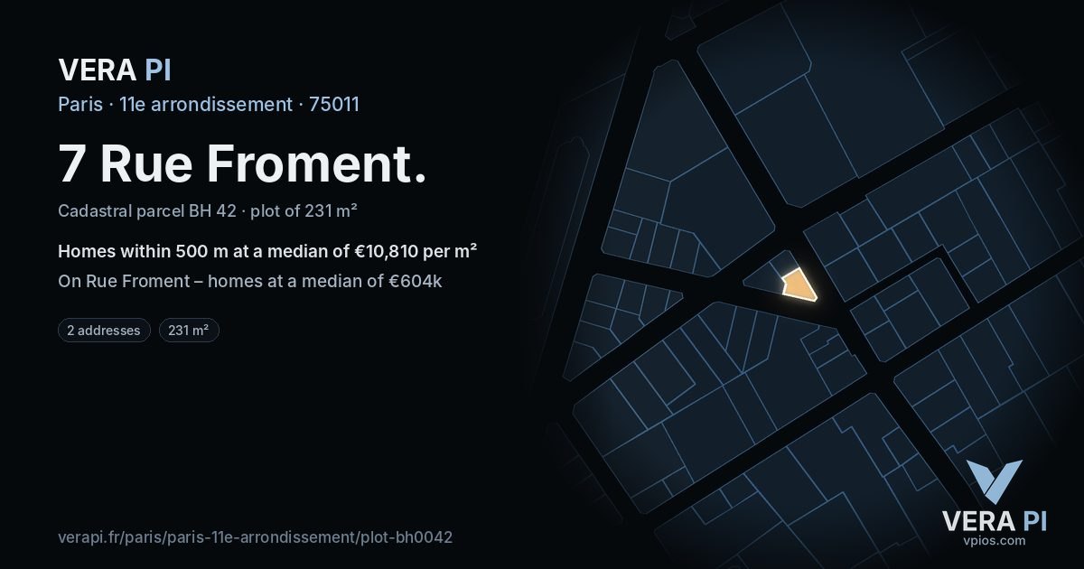 7 Rue Froment, 11e arrondissement at night – the plot lit, the parcels around coloured by the prices near them