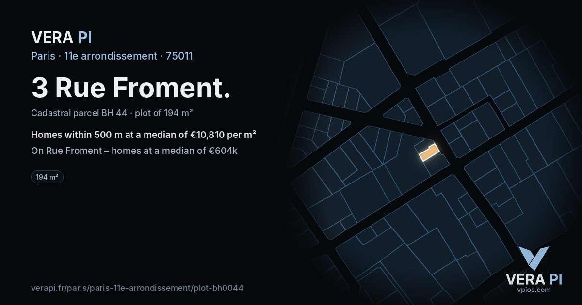 3 Rue Froment, 11e arrondissement at night – the plot lit, the parcels around coloured by the prices near them