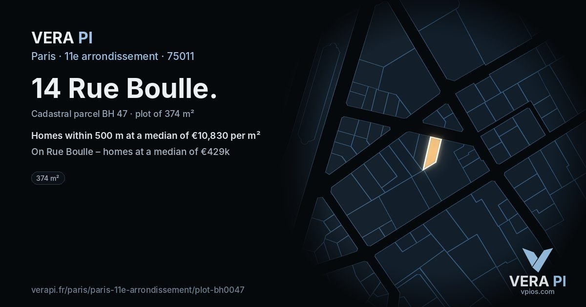 14 Rue Boulle, 11e arrondissement at night – the plot lit, the parcels around coloured by the prices near them