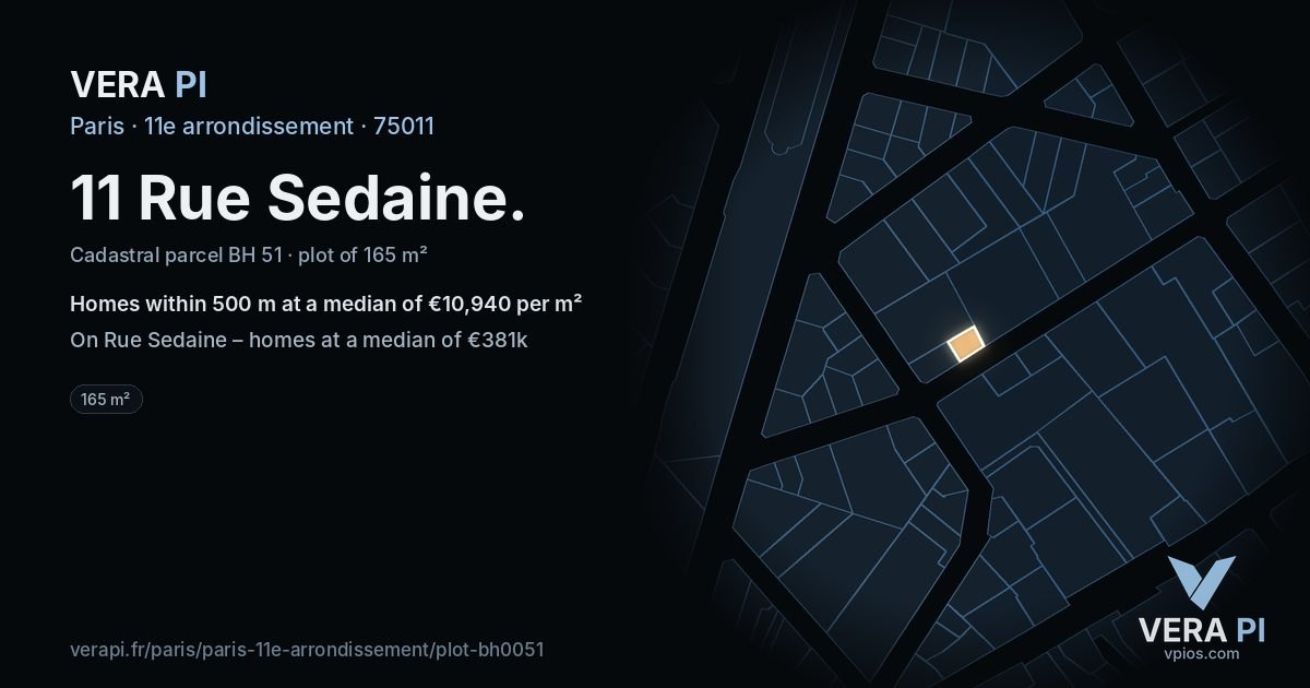 11 Rue Sedaine, 11e arrondissement at night – the plot lit, the parcels around coloured by the prices near them