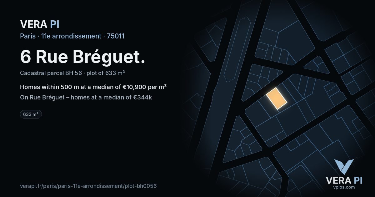 6 Rue Bréguet, 11e arrondissement at night – the plot lit, the parcels around coloured by the prices near them
