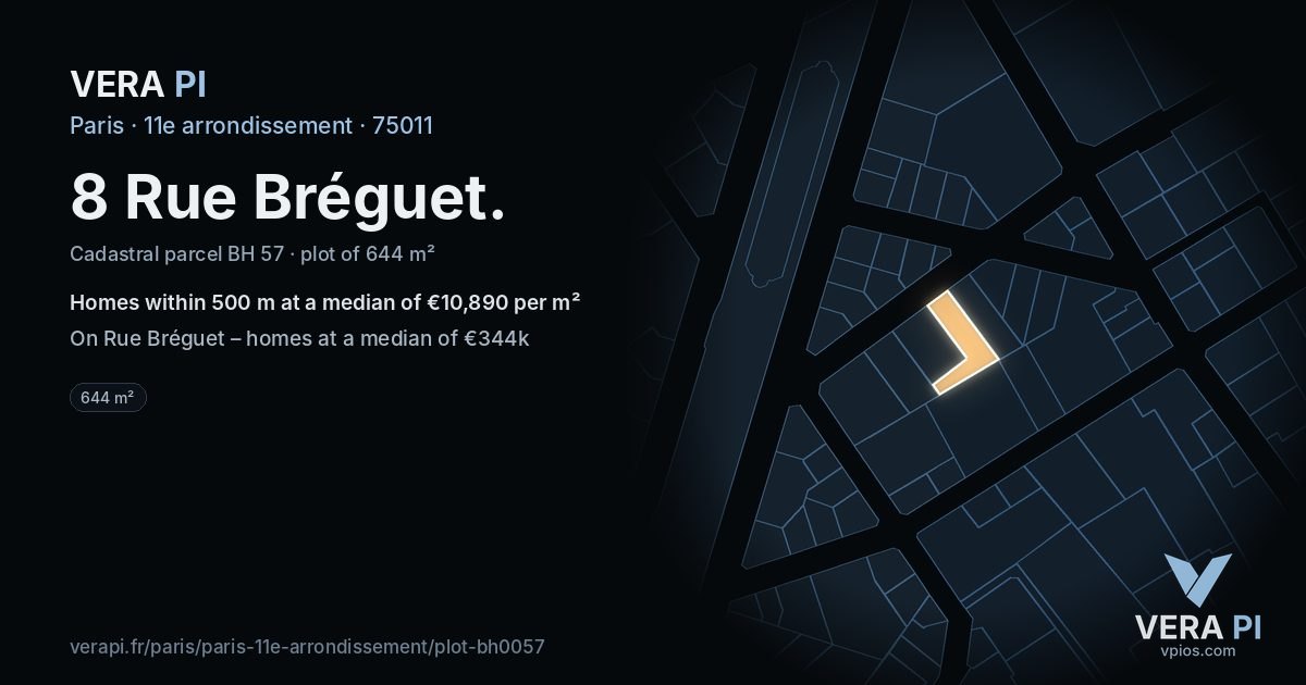 8 Rue Bréguet, 11e arrondissement at night – the plot lit, the parcels around coloured by the prices near them
