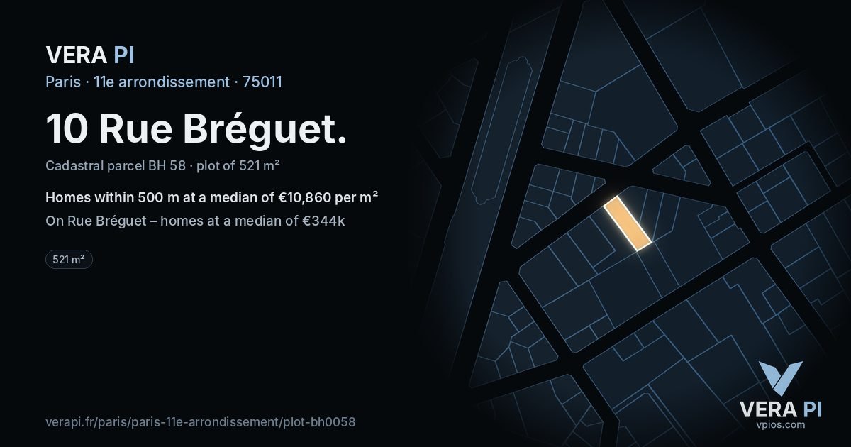 10 Rue Bréguet, 11e arrondissement at night – the plot lit, the parcels around coloured by the prices near them