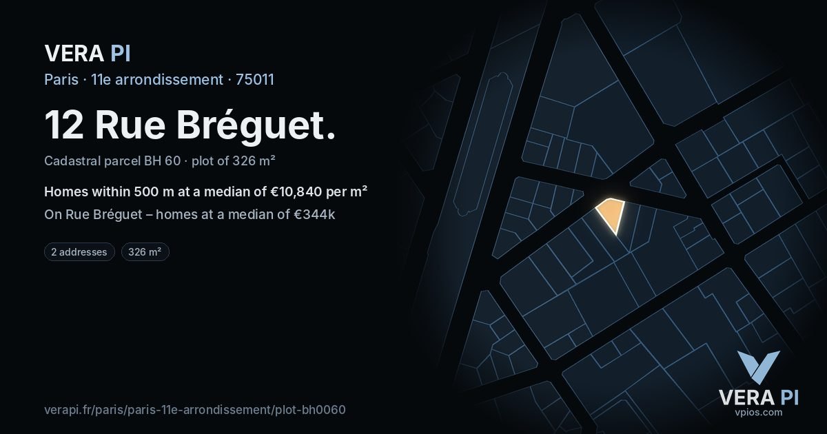 12 Rue Bréguet, 11e arrondissement at night – the plot lit, the parcels around coloured by the prices near them