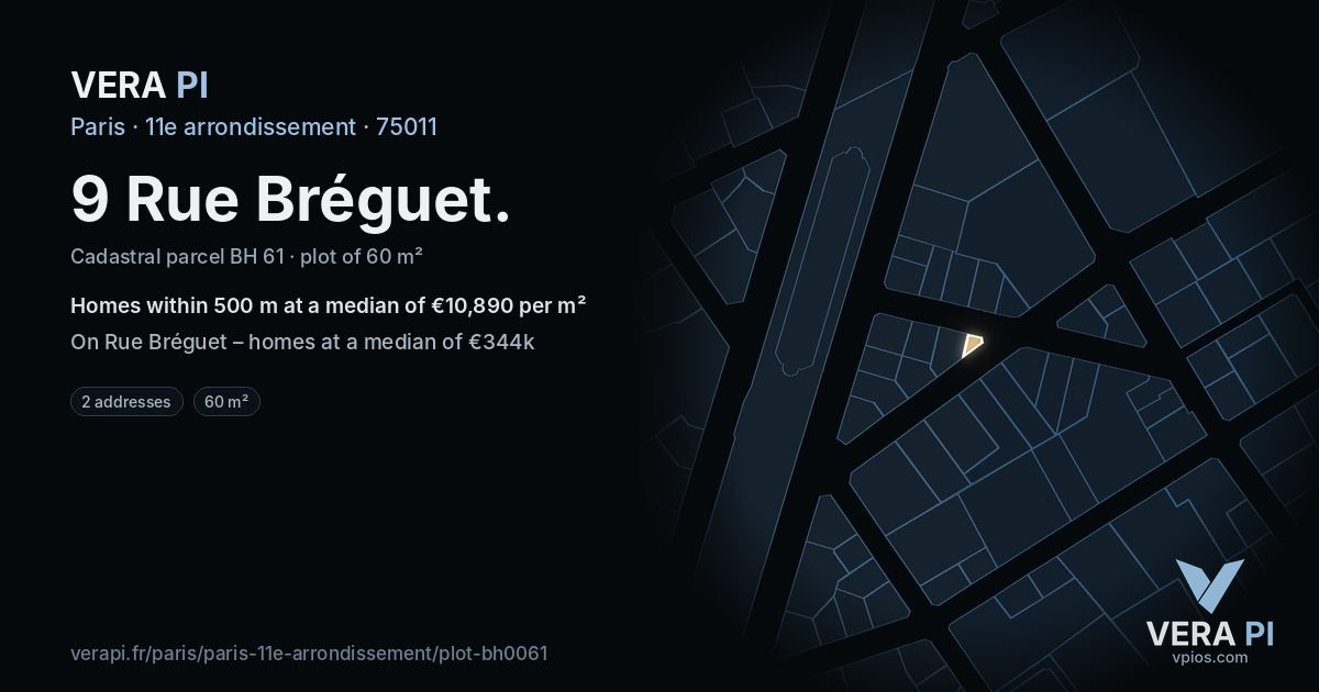 9 Rue Bréguet, 11e arrondissement at night – the plot lit, the parcels around coloured by the prices near them