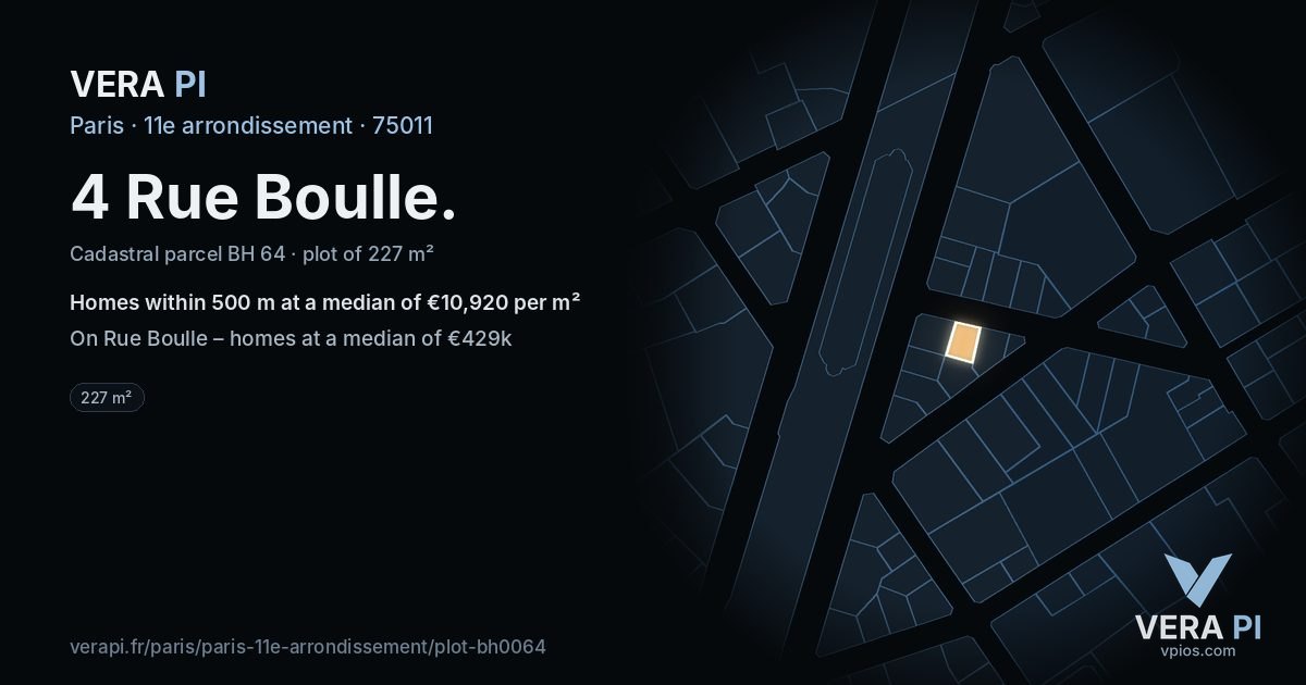 4 Rue Boulle, 11e arrondissement at night – the plot lit, the parcels around coloured by the prices near them