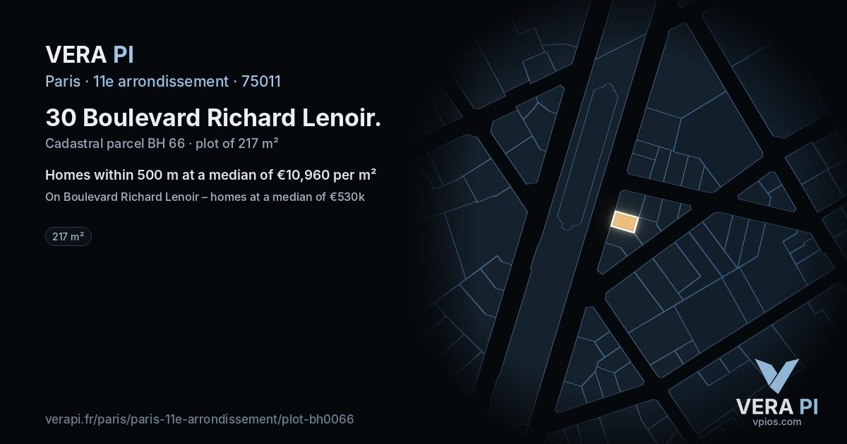 30 Boulevard Richard Lenoir, 11e arrondissement at night – the plot lit, the parcels around coloured by the prices near them