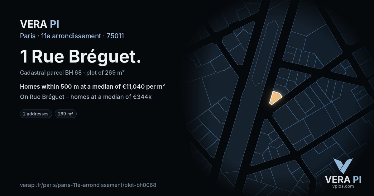 1 Rue Bréguet, 11e arrondissement at night – the plot lit, the parcels around coloured by the prices near them
