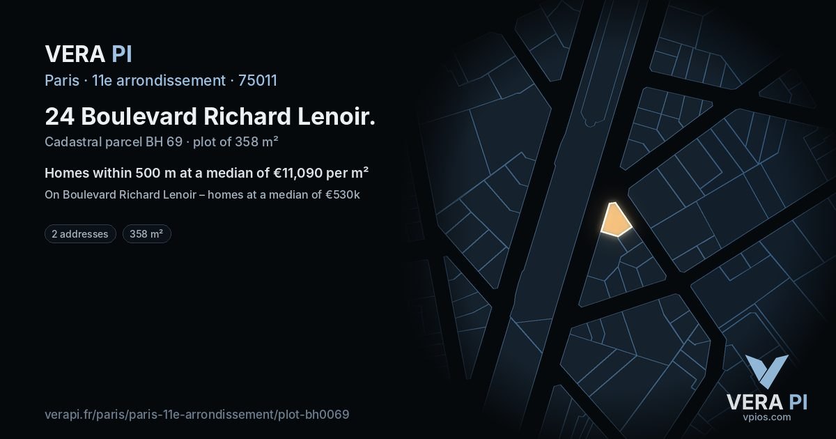 24 Boulevard Richard Lenoir, 11e arrondissement at night – the plot lit, the parcels around coloured by the prices near them