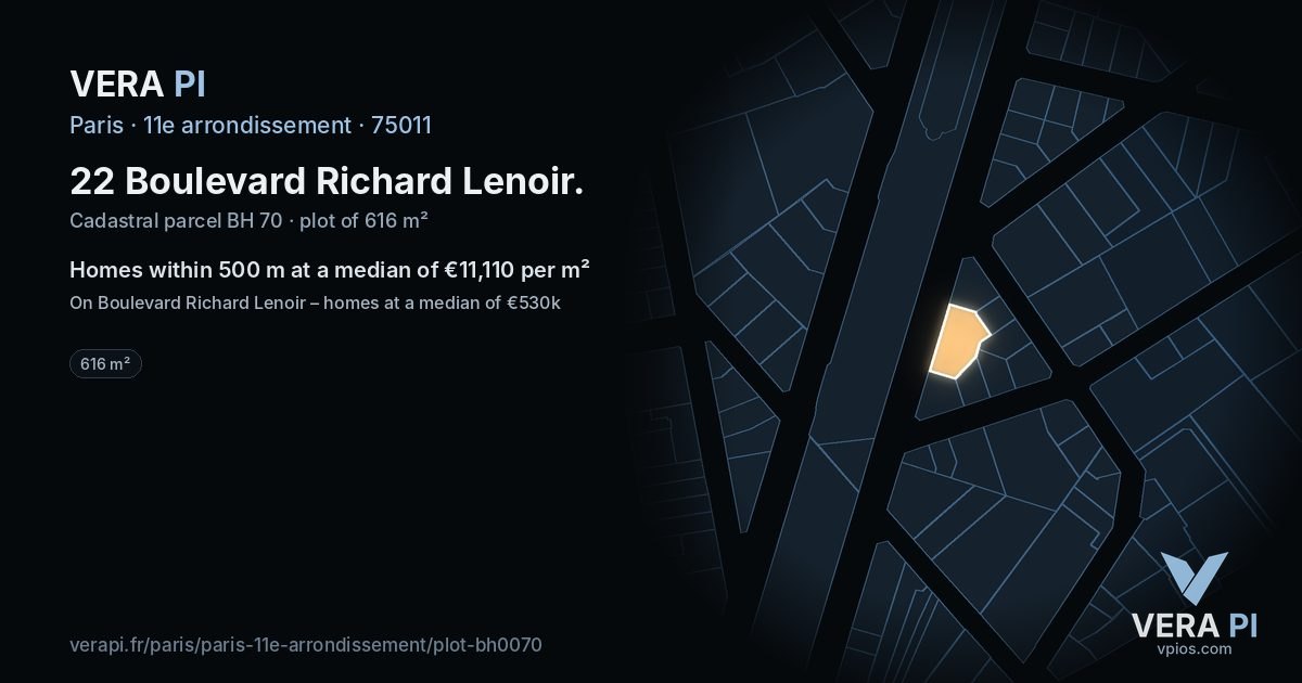 22 Boulevard Richard Lenoir, 11e arrondissement at night – the plot lit, the parcels around coloured by the prices near them