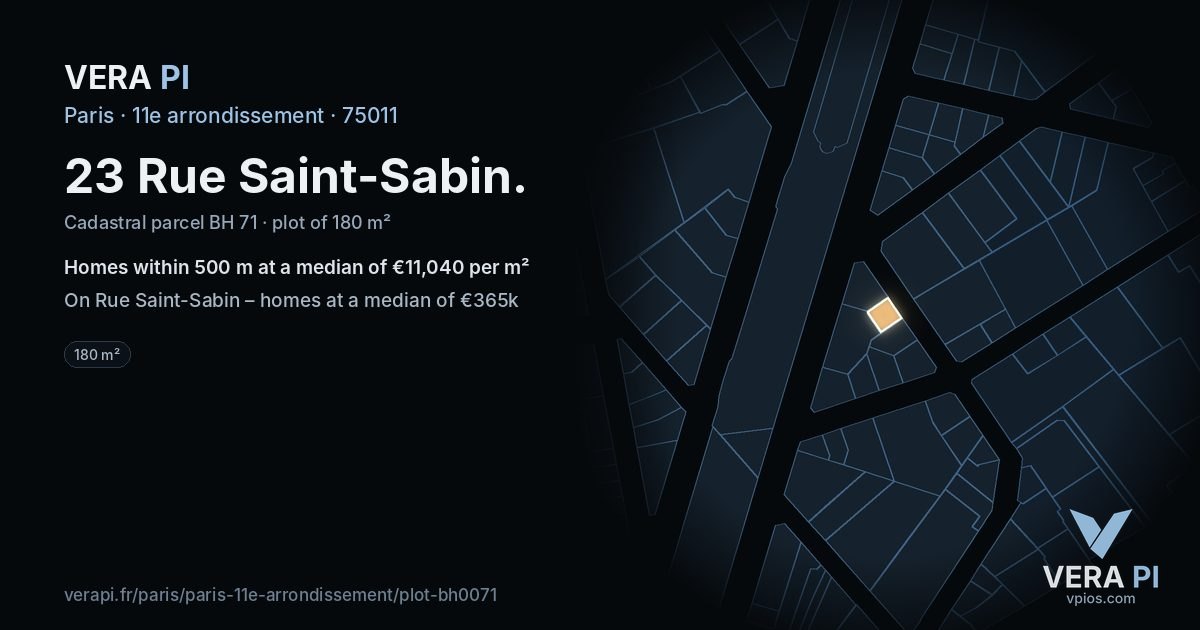 23 Rue Saint-Sabin, 11e arrondissement at night – the plot lit, the parcels around coloured by the prices near them