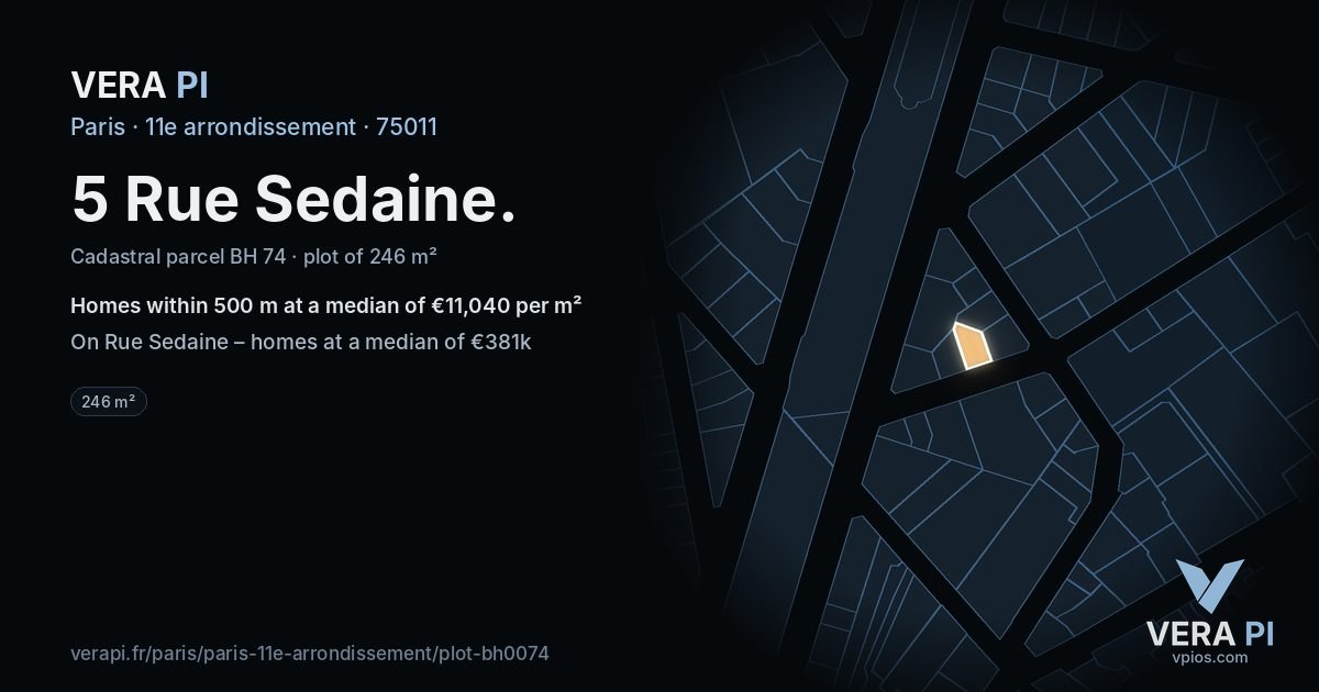 5 Rue Sedaine, 11e arrondissement at night – the plot lit, the parcels around coloured by the prices near them