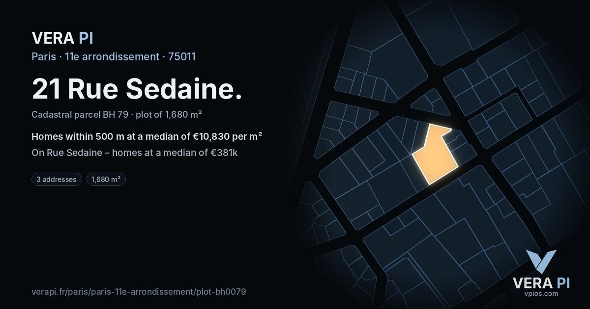 21 Rue Sedaine, 11e arrondissement at night – the plot lit, the parcels around coloured by the prices near them