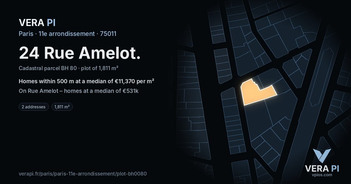 24 Rue Amelot, 11e arrondissement at night – the plot lit, the parcels around coloured by the prices near them