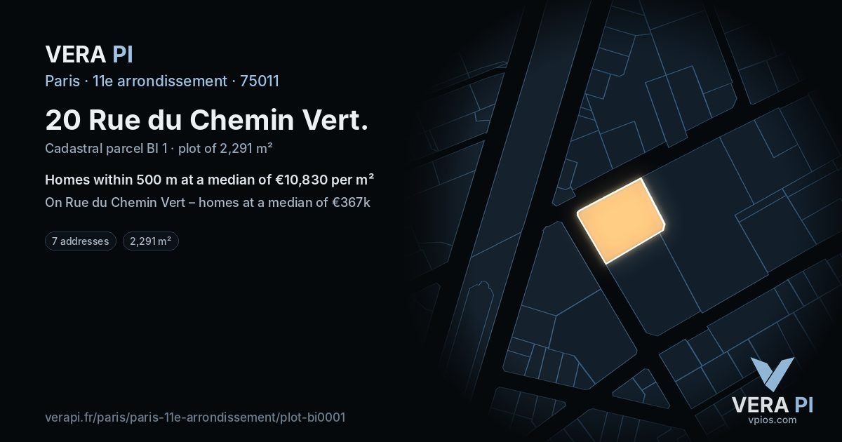 20 Rue du Chemin Vert, 11e arrondissement at night – the plot lit, the parcels around coloured by the prices near them